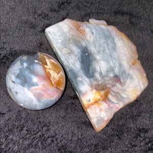 Colorful and bright petrified wood slab and sphere bundle